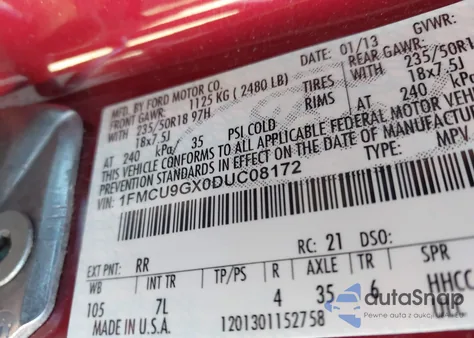 2013 Ford Escape Se from USA, damaged, VIN 1FMCU9GX0DUC08172